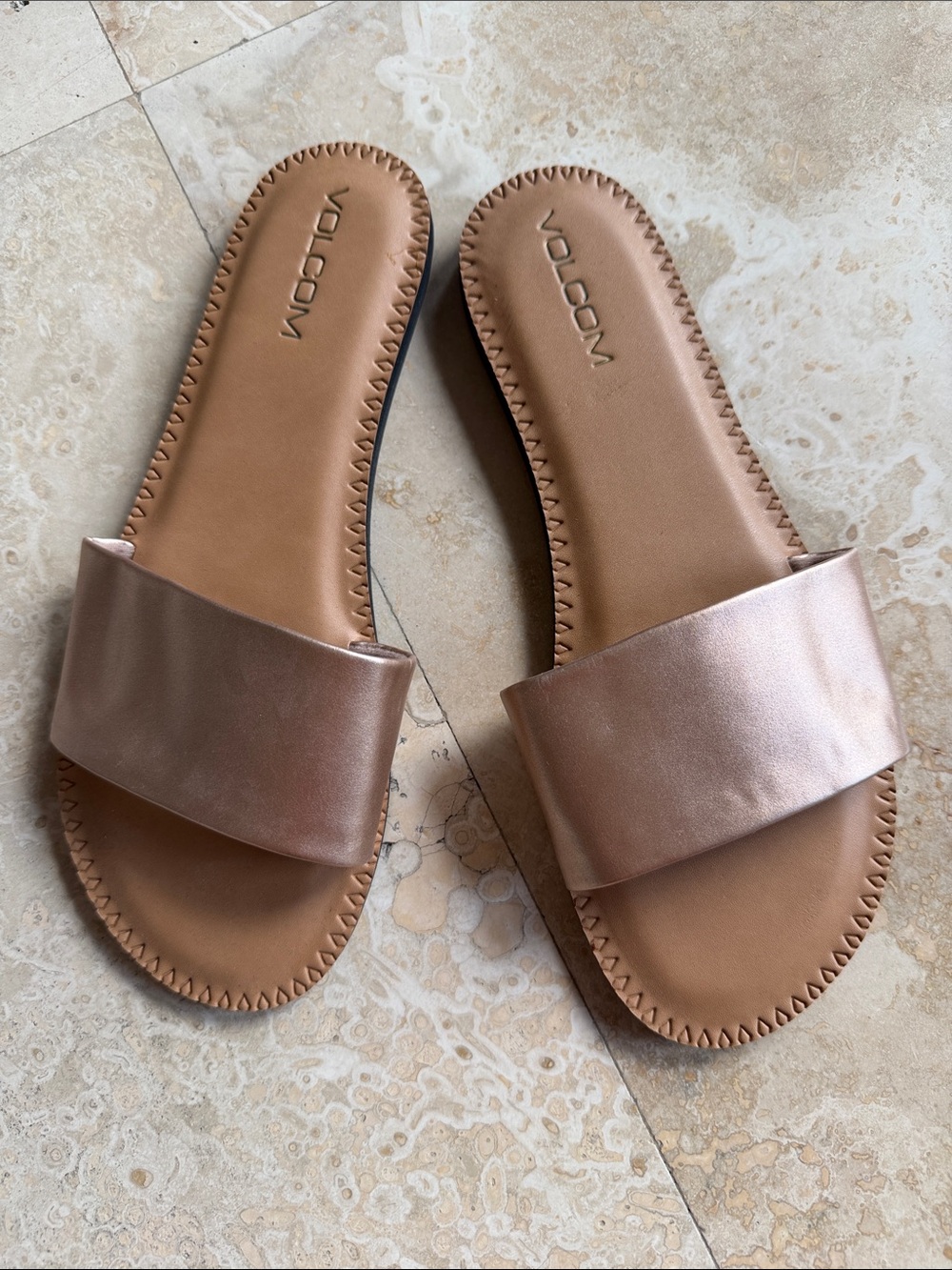 Volcom Women's Metallic Rose Gold Slide Sandals